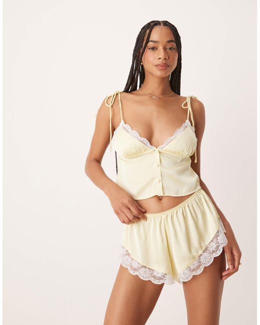KAT THE LABEL Natural Arabella Satin Lace Trim Shorts