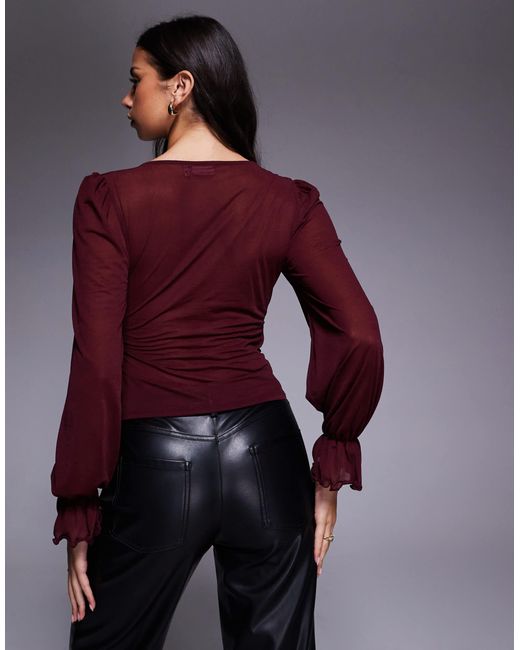 ASOS Purple Semi Sheer Long Sleeve V-Neck Top