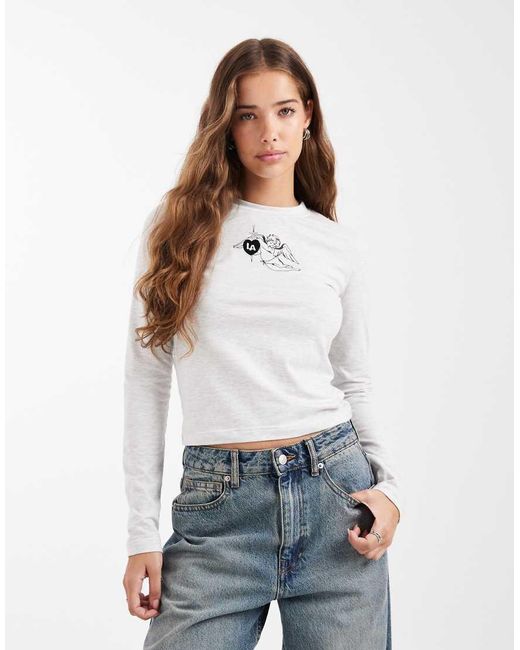 Daisy Street White Long Sleeve Baby Tee With Angel Graphic