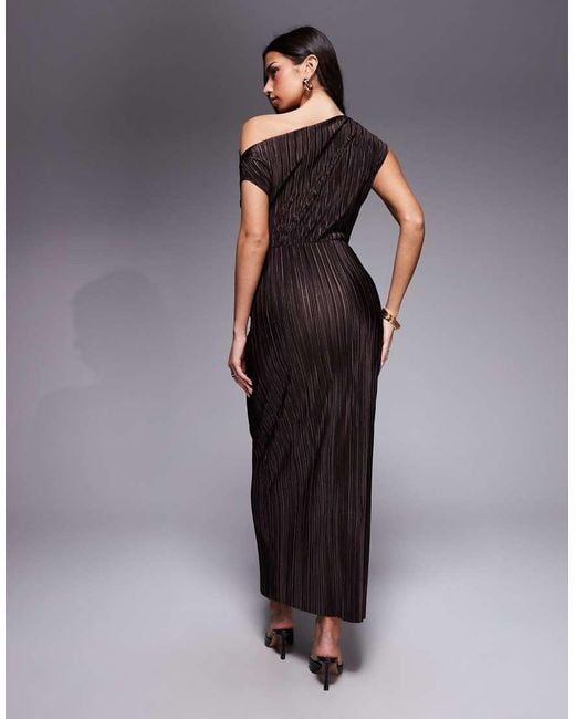ASOS Brown Plissé Fallen Shoulder Pencil Maxi Dress With Twisted Waist Detailing
