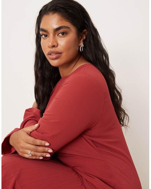 ASOS Red Asos Design Curve Long Sleeved Pleated Skirt Maxi Dress