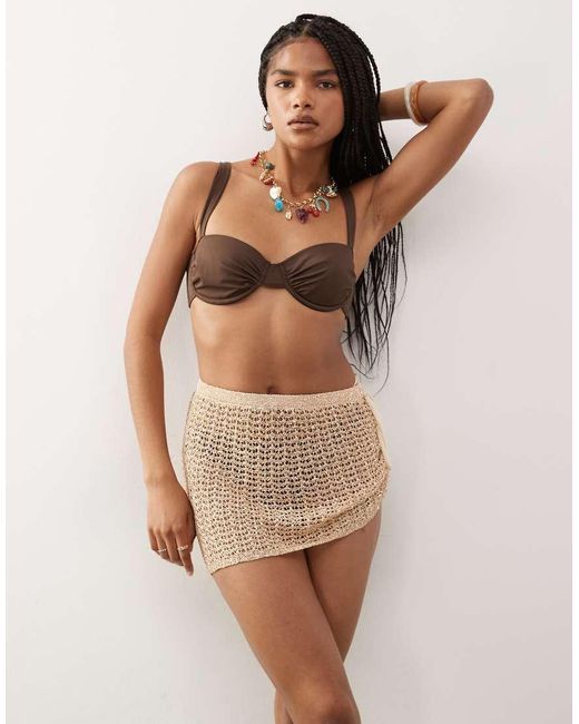 Miss Selfridge Brown Beach Sequin Crochet Sarong Mini Skirt