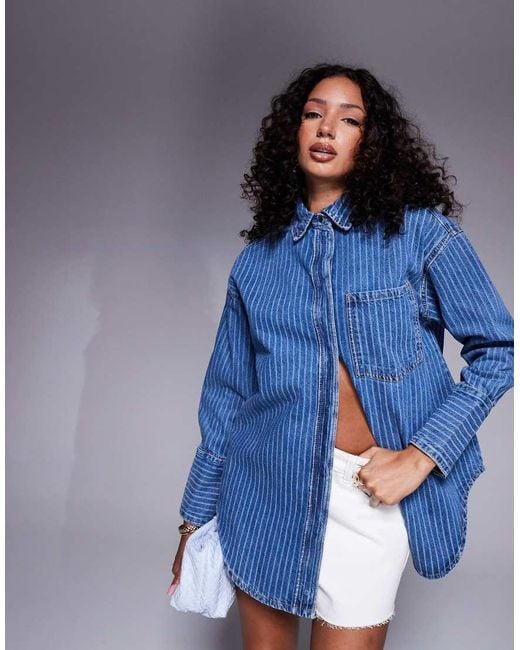 River Island Blue Striped Oversized Denim Shirt