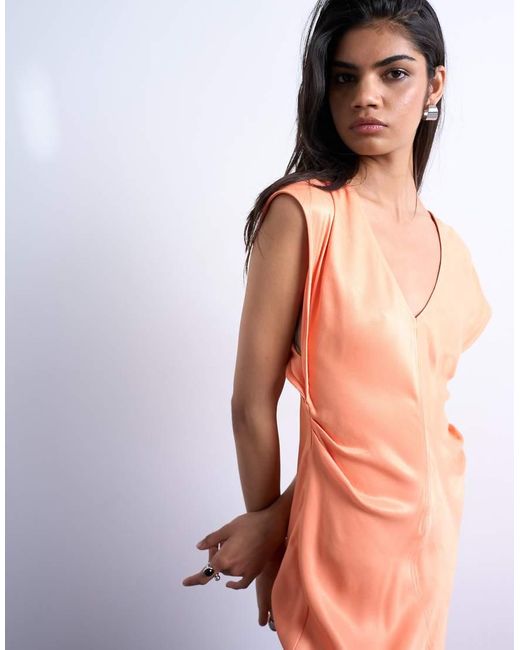 TOPSHOP Orange Deep V Tucked Side Satin Maxi Dress