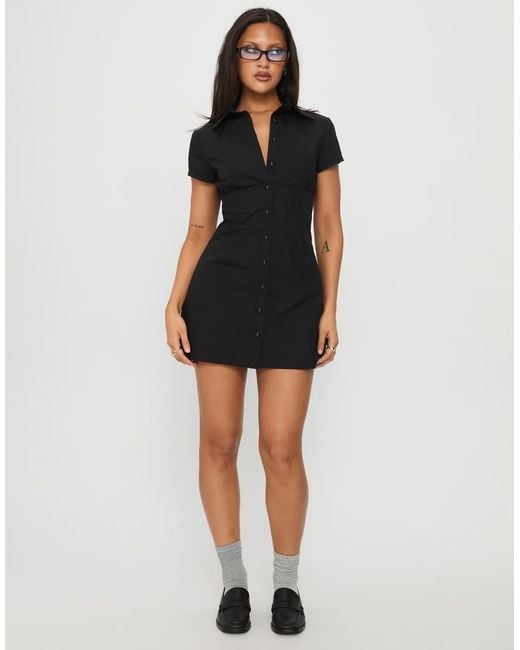 Princess Polly Black Motley Cotton Button Through Cinch Back Detail Mini Shirt Dress