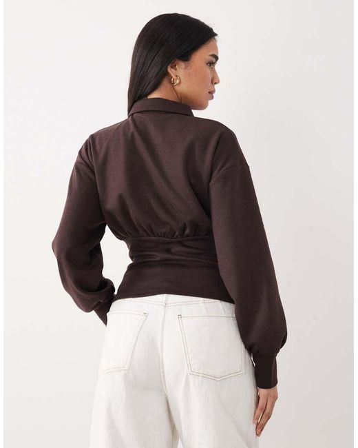 ASOS Brown Interlock Long Sleeve Cinched Waist Button Front Top