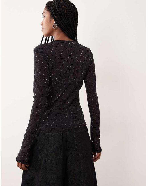 Gina Tricot Black Slim Fit Long Sleeve Rhinestone Sheer Top