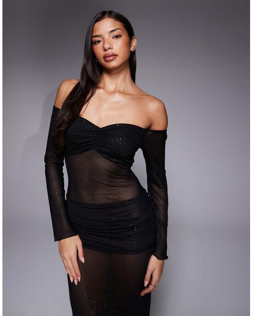 Fashionkilla Multicolor Glitter Mesh Long Sleeve Sheer Insert Ruched Detail Maxi Dress