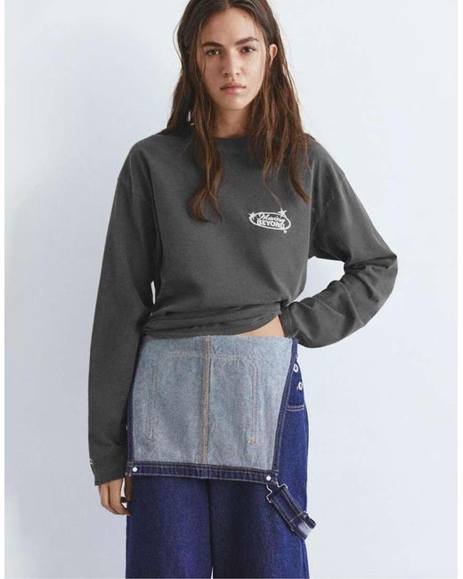 Pull&Bear Gray Long Sleeve Graphic Print T-shirt