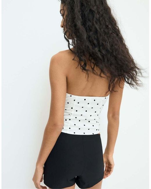 Stradivarius White Polka Dot Print Fitted Halter Top
