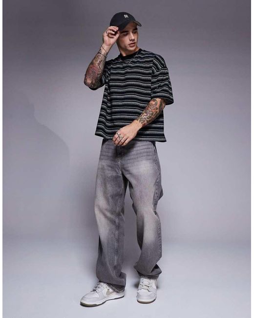 T-Shirt Oversize Squadrata Pesante Nera Testurizzata A Righe di ASOS in Gray da Uomo