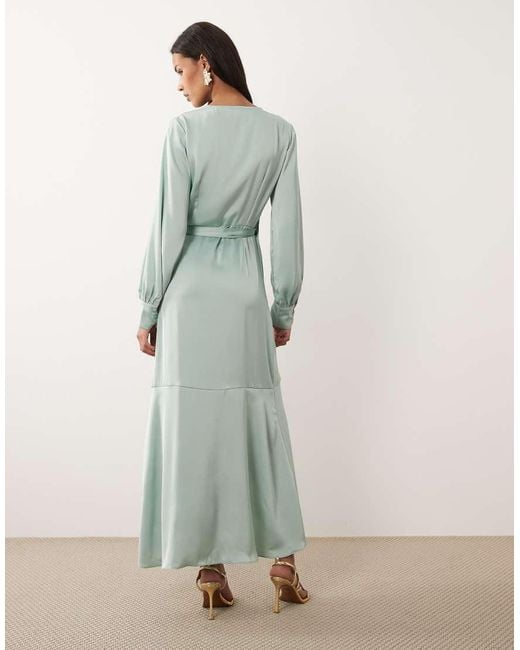 Vila Green Long Sleeve Satin Wrap Midi Dress