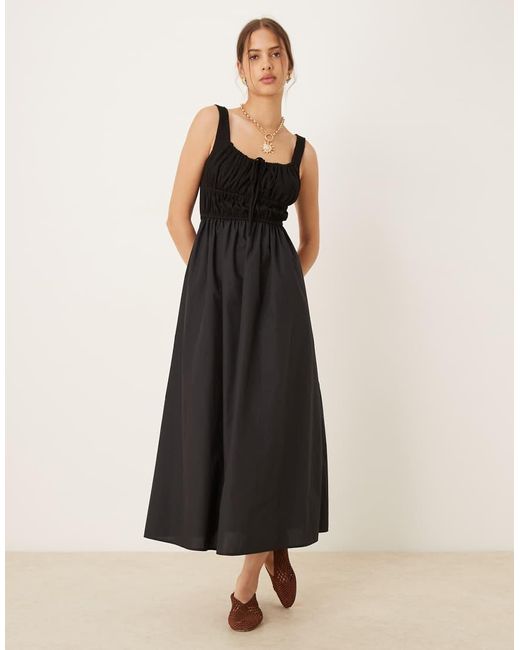 ASOS Shirred Bust Cotton Mix Summer Midi Dress in Black | Lyst UK
