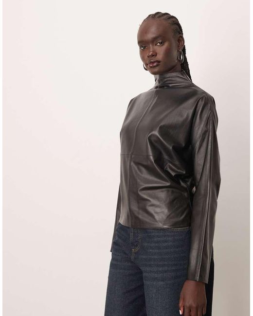 ARRANGE Brown High Neck Leather Curved Top