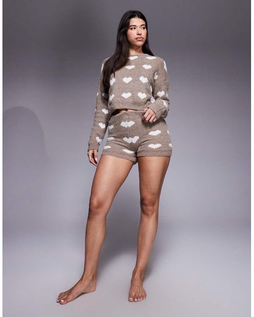 River Island Gray Fluffy Heart Pattern Cosy Shorts Set