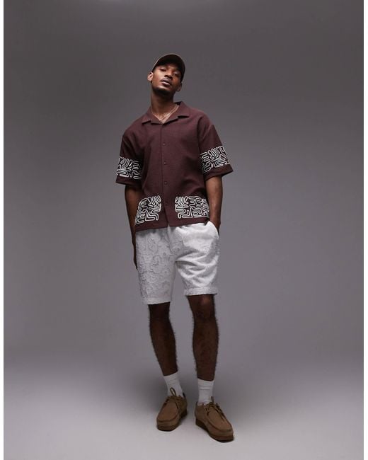 Topman Gray Oversized Fit Textured Button Through Jersey Shirt With Geo Cord Embroidery for men