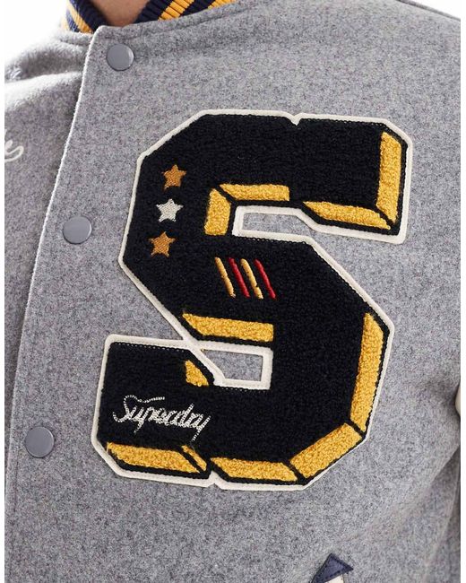 Superdry Gray College Patched Bomber Jacket for men