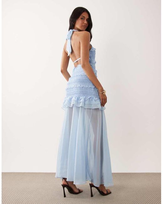 TFNC London Blue Shirred Chiffon Ruffle Sheer Skirt Maxi Dress