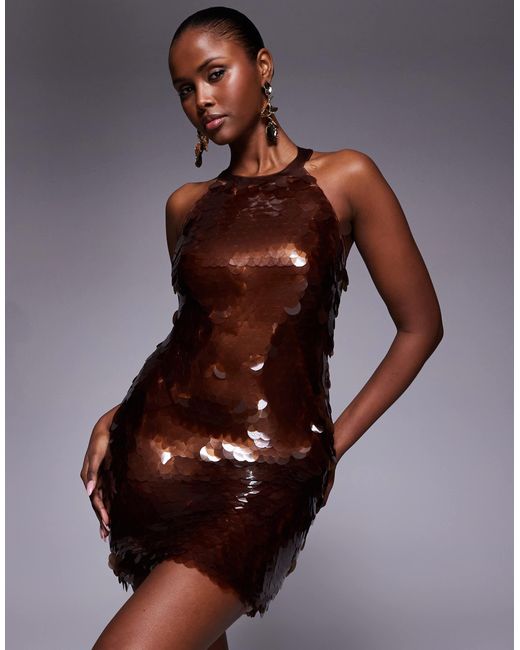 River Island Halterneck Sequin Mini Dress in Brown