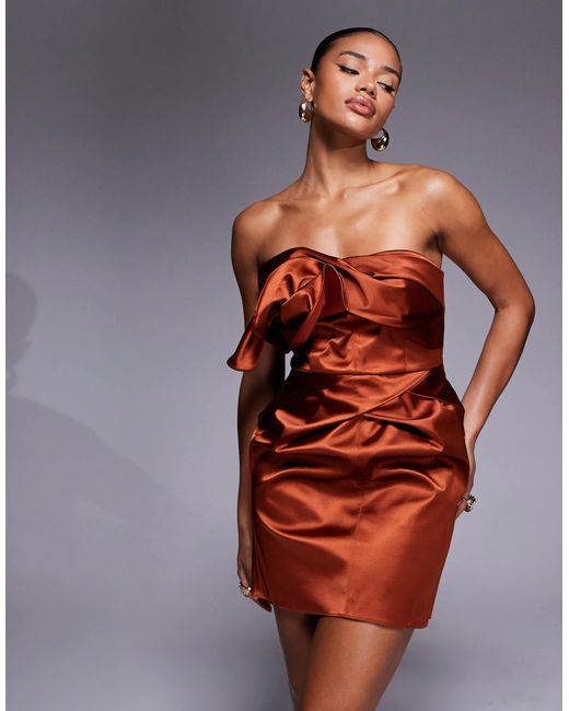 ASOS Orange Bandeau Satin Structured Dress With Undone Corsage And Pleat Skirt