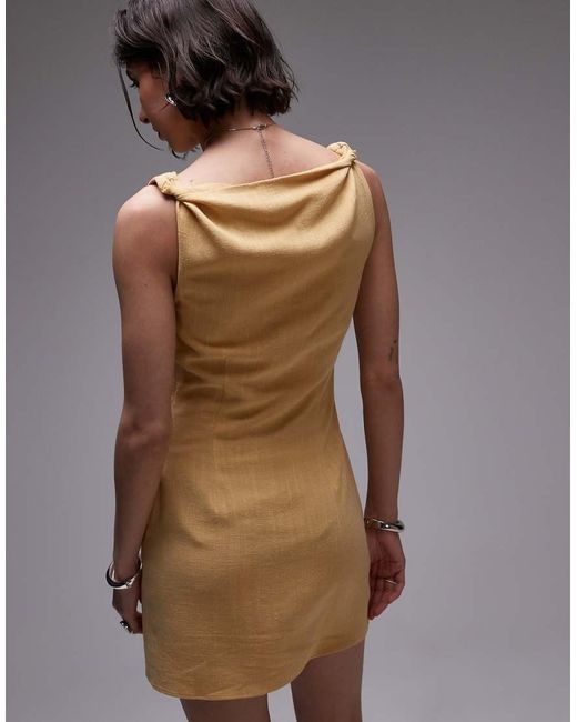 TOPSHOP Brown Twist Shoulder Linen Mini Dress