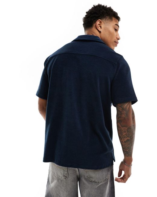 Lyle & Scott Blue Towelling Short Sleeve Revere Collar Resort Shirt for men