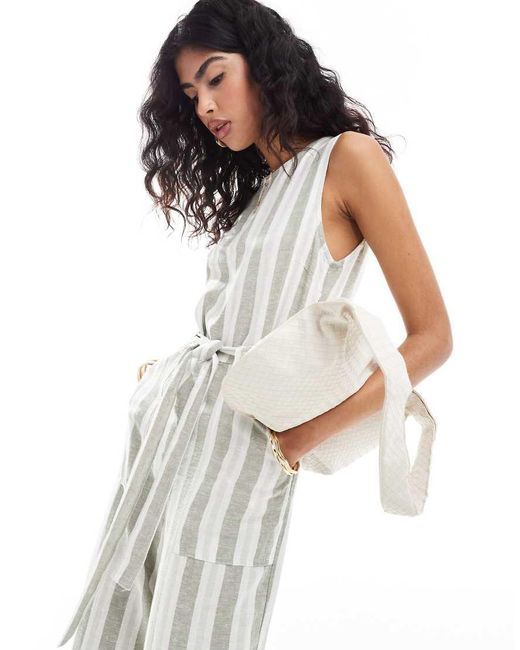 ONLY White Sleeveless Belted Linen Mix Jumpsuit