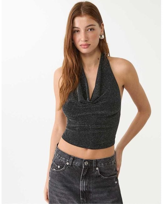 Stradivarius Gray Glitter Halter Top