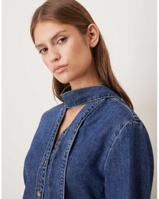 Camisa Vaquera Con Lazada En El Cuello De Tejido 100% Algodón De Mango de color Blue