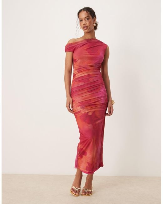 Mango Ruched Off The Shoulder Slash Neck Psychedlic Floral Print Dress in  Red | Lyst