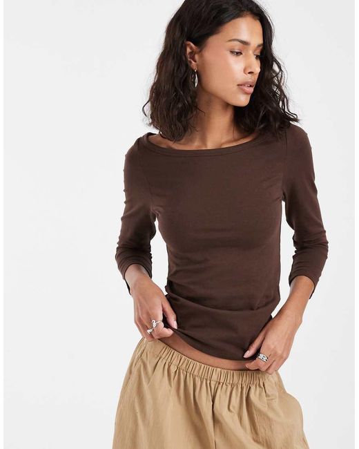 Pieces Brown Boat Neck Jersey Top