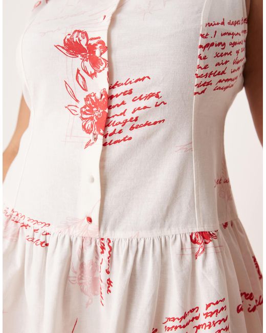 Asos design curve - robe boutonnée courte à imprimé fleurs rouge avec taille basse et encolure bateau ASOS en coloris Pink