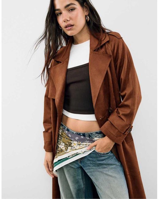 Stradivarius Brown Long Faux Suede Trench Coat