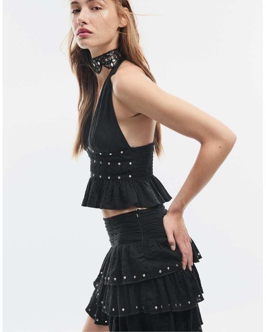 Stradivarius Black Studded Halter Top