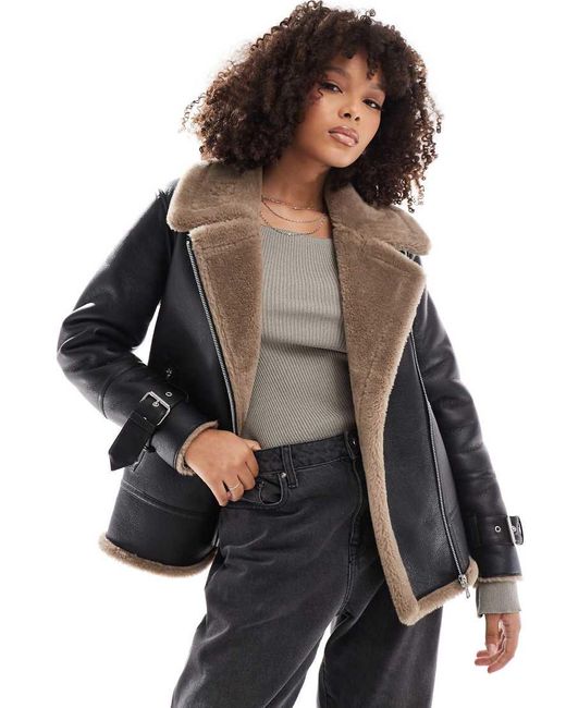 New Look Faux Fur Aviator Jacket in Black Lyst UK