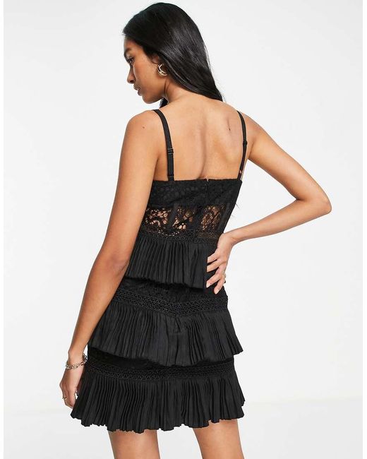 ASOS Black Lace Corset Mini Dress With Tiered Pleated Skirt