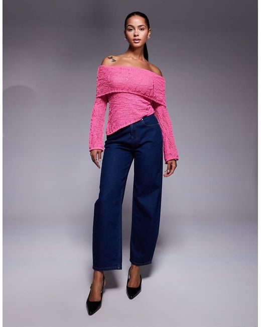 ASOS Pink Crochet Semi Sheer Bardot Top With Asymmetric Hem