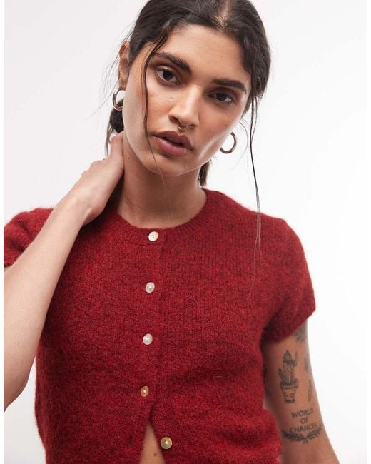 Monki Red Short Sleeve Knit Cardigan Top