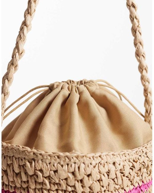 ASOS White Straw Hand Crochet Bucket Bag With Floral Detail