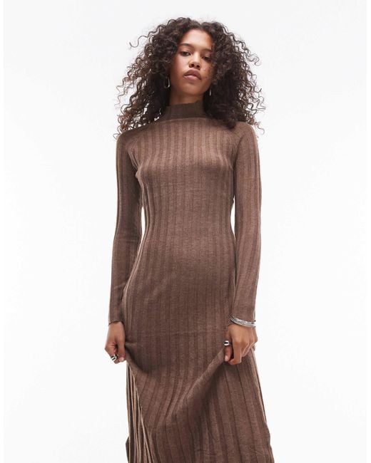 Mango High Neck Long Sleeve Ribbed Midi Dress in Brown Lyst Canada