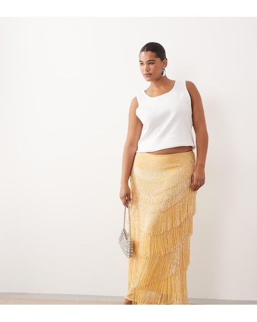 ARRANGE Natural Curve Beaded Fringe Column Midi Skirt