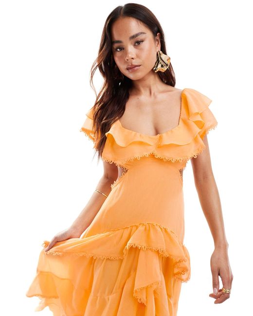 ASOS Orange Flutter Sleeve Maxi Dress With Tiered Skirt And Lace Trim