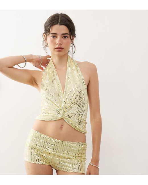 Collusion Natural Festival Sequin Cross Over Halter Top
