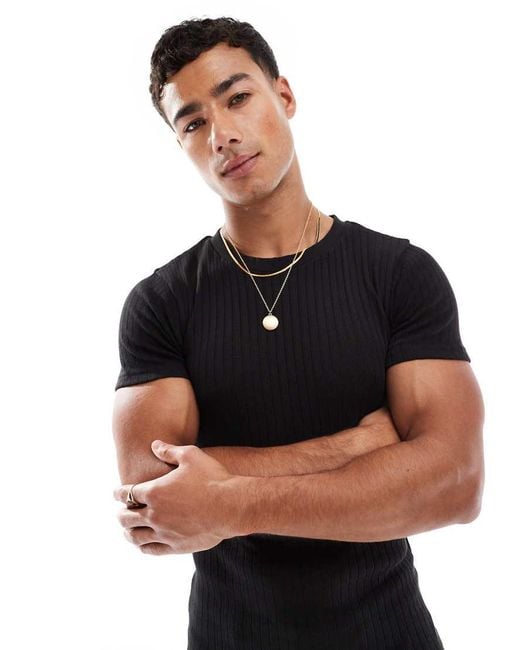 Jack & Jones Black Muscle Fit Ribbed T-shirt for men
