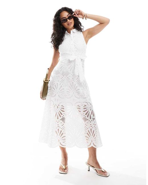 New Look White Premium Broderie Midi Belted Dress