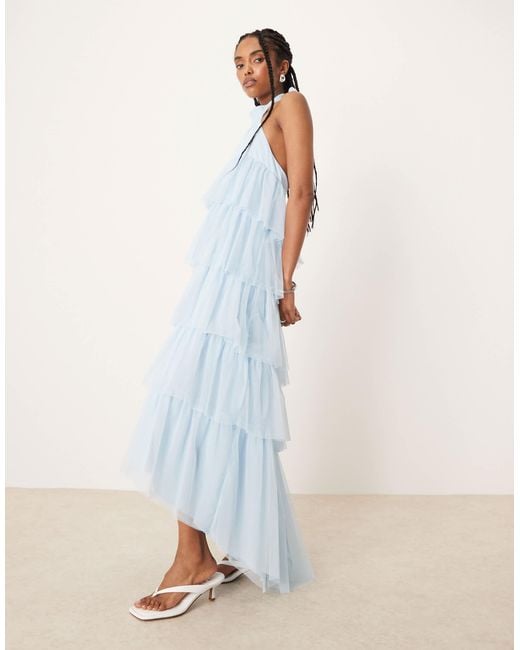 Robe longue à volants en tulle avec dos ouvert - pastel LACE & BEADS en coloris White