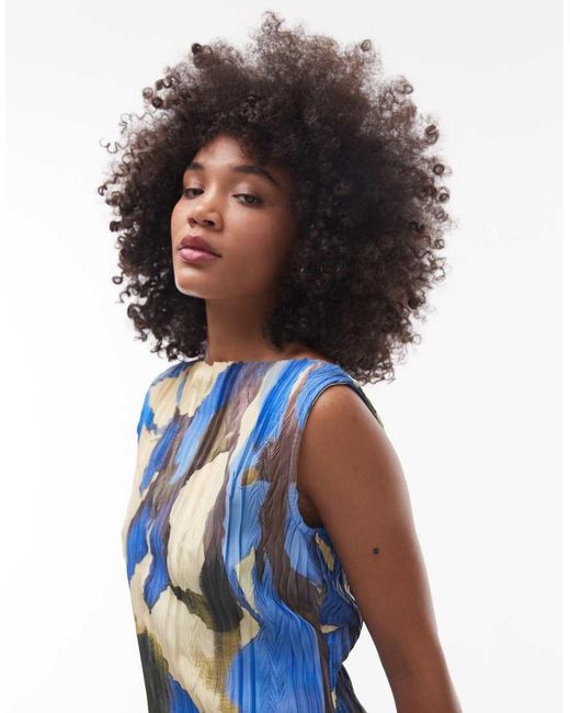 TOPSHOP Blue Abstract Floral Print Plisse Mini Dress