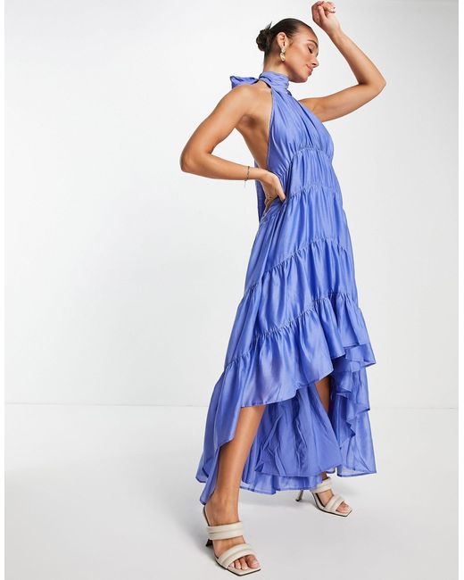ASOS Blue Halter Tiered Voile Maxi Dress With Tie Back
