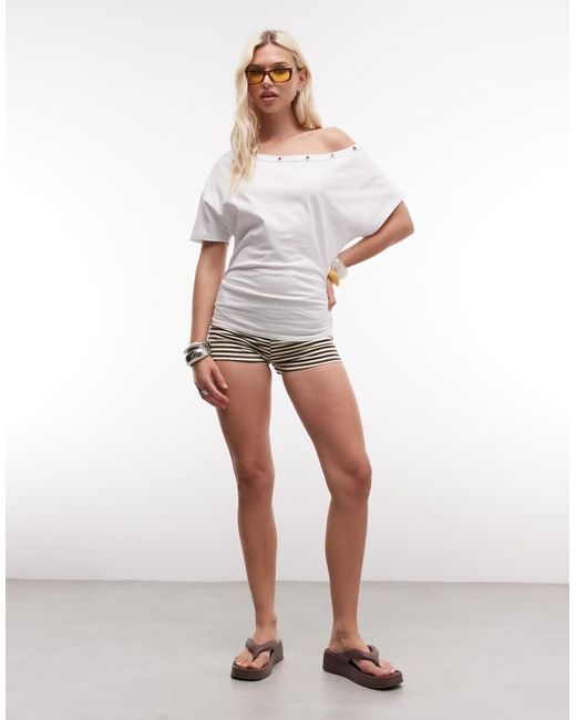 Collusion White L Off Shoulder Top With Cinched Waist And Eyelets