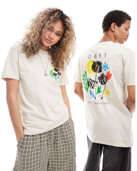 T-shirt a maniche corte unisex beige con grafica con fiori di Obey in White